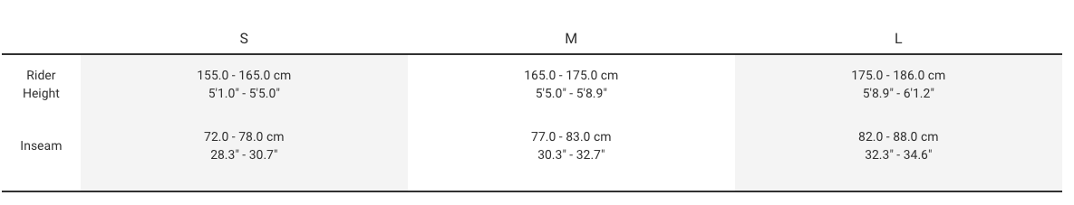 an example of a bike sizing chart for adult bikes. Showing bike frame size compared to rider height.