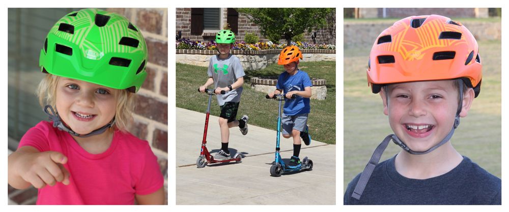 young girl wearing Bell Sidetrack Child helmet, a boy wearing Bell Sidetrack Youth helmet, two boys wearing Sidetrack helmets and riding scooters