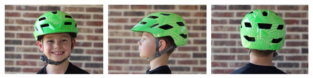 7 year old boy wearing Bell Sidetrack Child helmet. Views from front, side, and back.