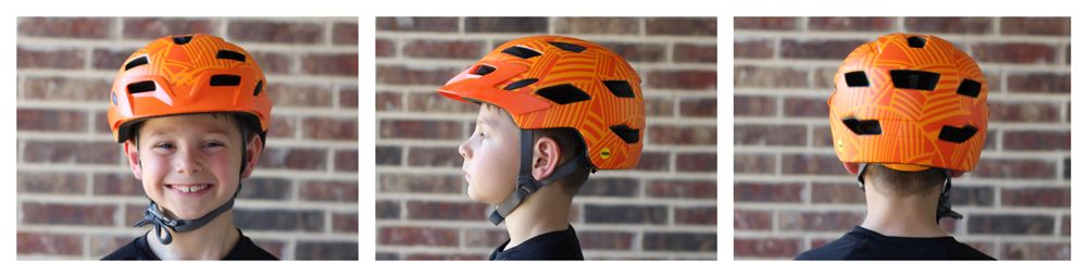 7 year old boy wearing Bell Sidetrack Youth helmet. Views from front, side, and back.