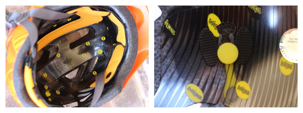 MIPS plastic shell inside the Bell Sidetrack Youth helmet, and upclose shot of MIPS anchor.