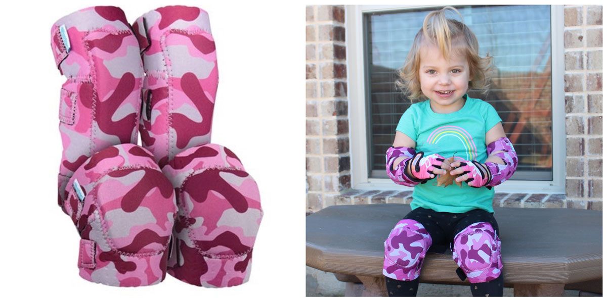 Simply Kids knee and elbow pad set in pink camo, and toddler wearing the set.
