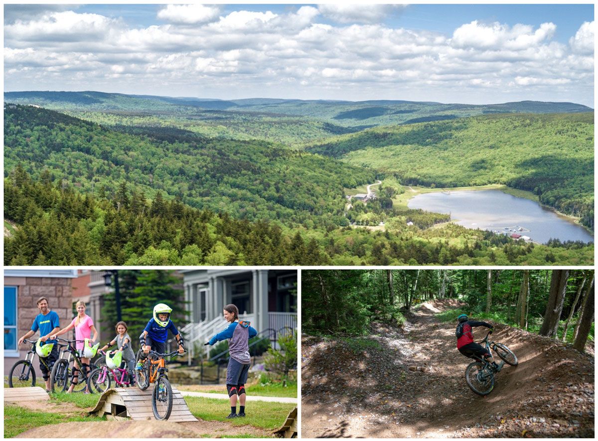 Aerial view of Snowshoe Mountain resort, mountain biking teacher instructing kids on bike park features, adult riding shredding a berm in the bike park