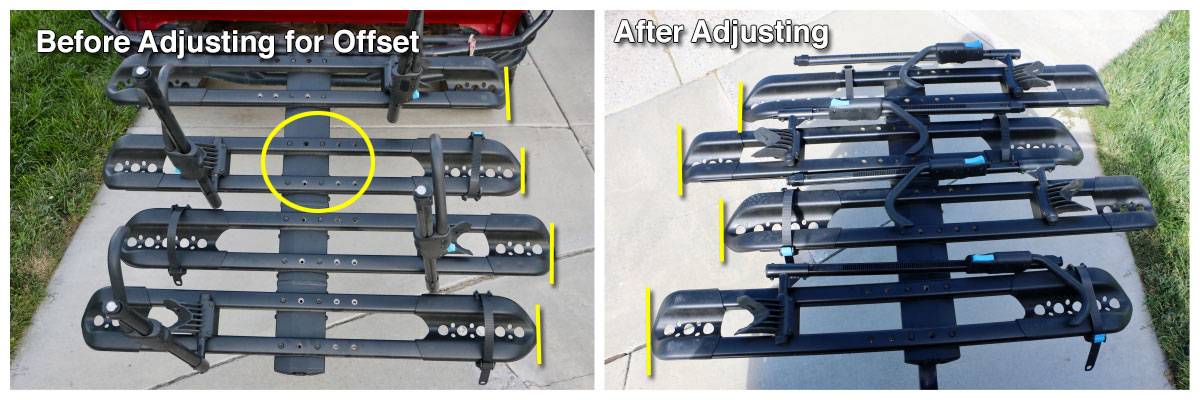 RockyMounts SplitRail LS bike car rack - bike trays can be adjusted left or right to adjust for handlebars hitting each other