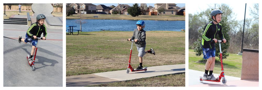 Boys riding Micro Sprite scooter at the skate park and on a paved trail.
