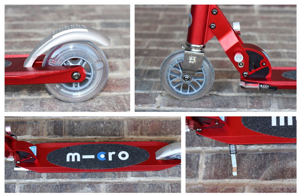 Premium components of the Micro Sprite - back wheel with brake, front wheel with folding system, kickstand, and foot deck