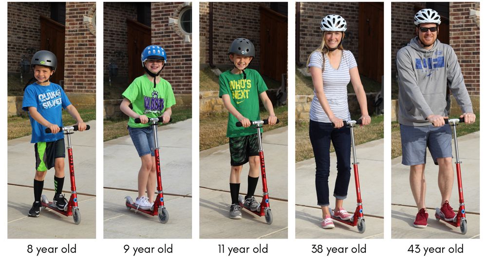 Collage of a family on the same Micro Sprite scooter to show how it fits a variety of ages - 8-year-old, 9-year-old, 11-year-old, Mom, and Dad.