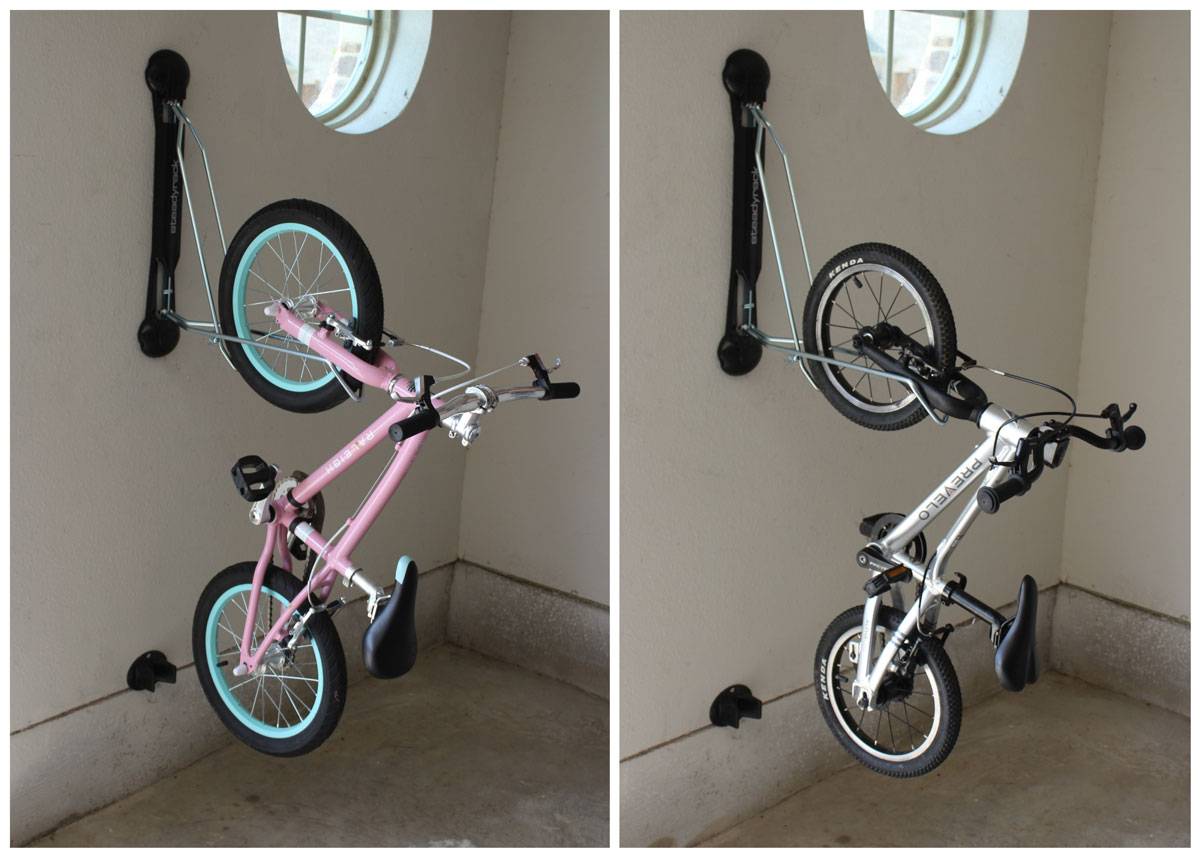 Steadyrack vertical bike storage holding a 16" and a 14" kid's bike