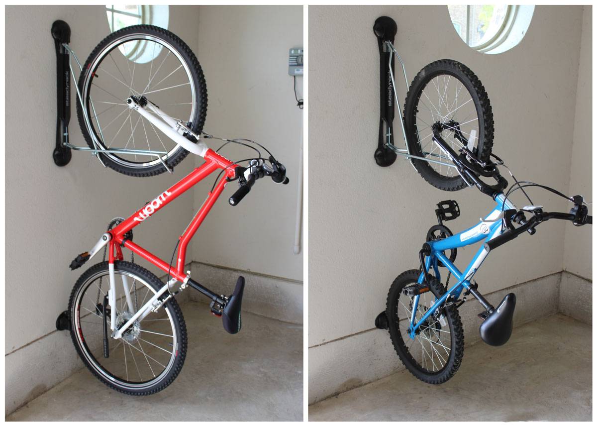 Steadyrack vertical bike storage holding a 24" and a 20" kid's bike