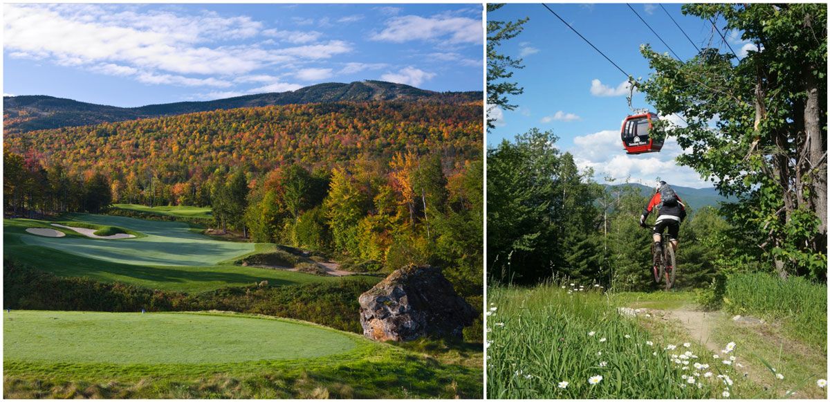 Sunday River resort in Maine. Scenic view of mountains in fall, and mountain biker riding down trail in summer