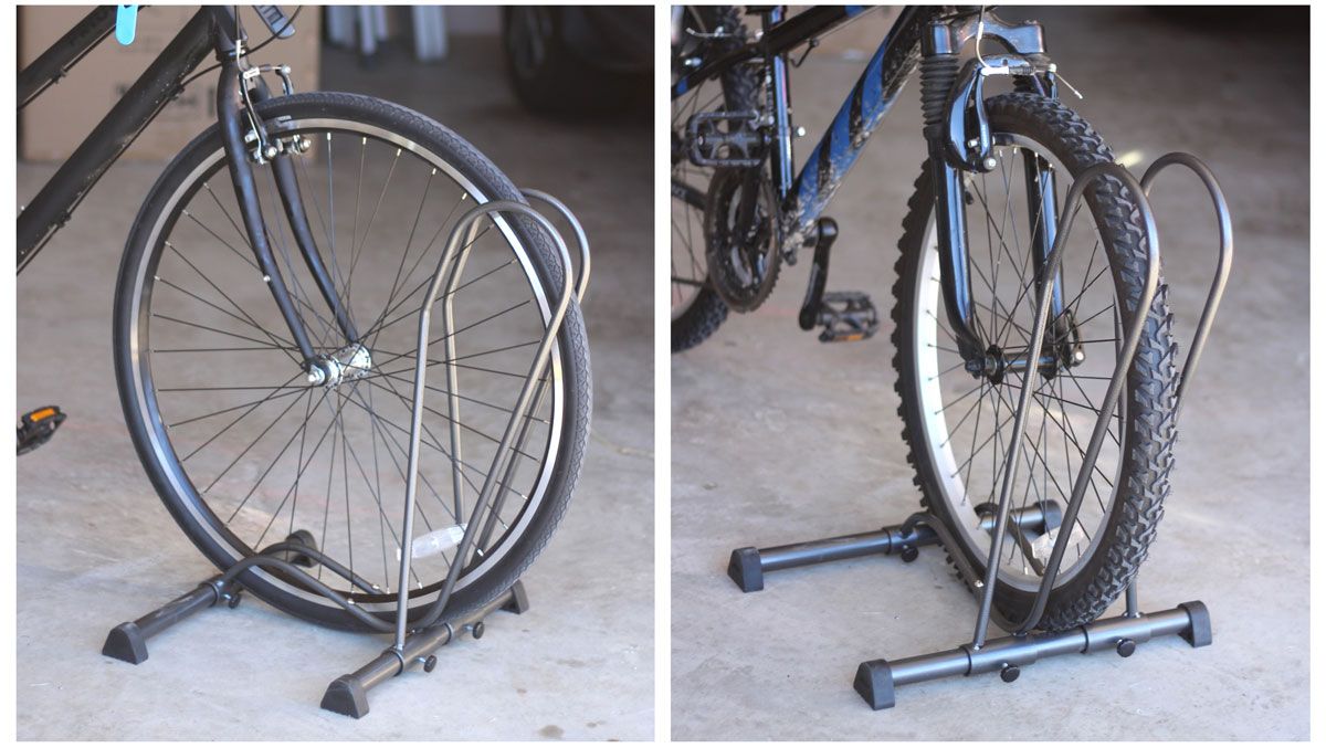 Delta The Shop Rack floor parking rack - shown with hybrid adult bike and 24" mountain bike - fits all width tires