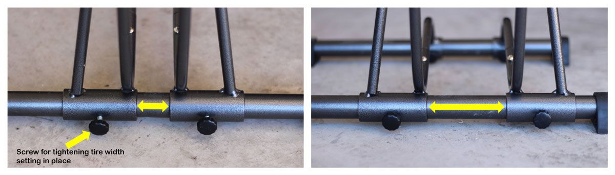 The Shop Rack floor parking bike rack can be adjusted as narrow or as wide as you want for different width tires