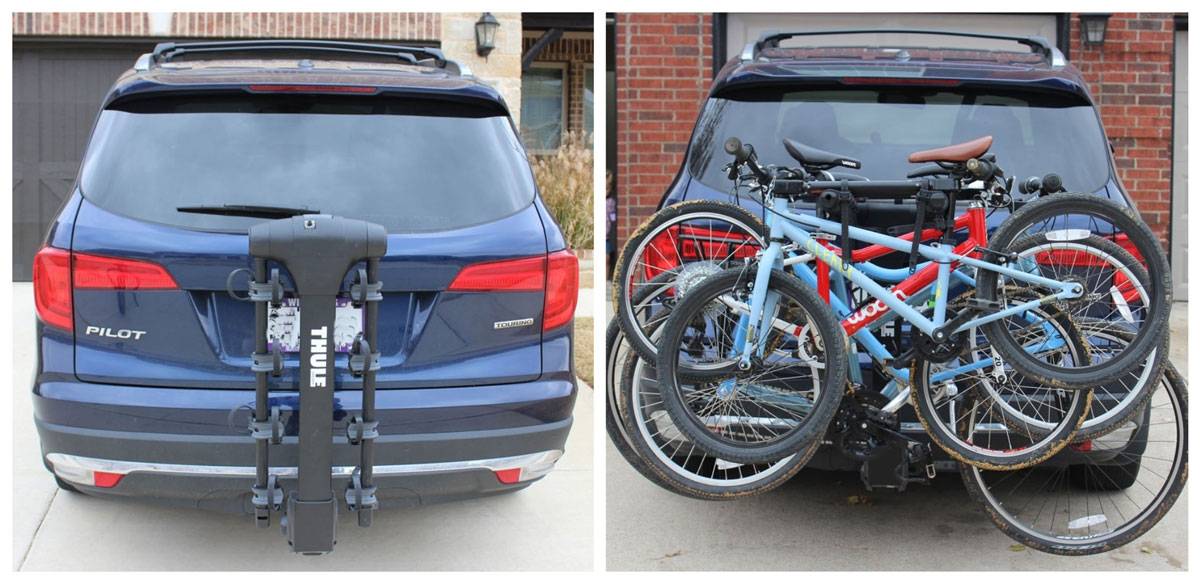 Thule Apex XT 4 bike rack. Folded up, then loaded with bikes on back of car.