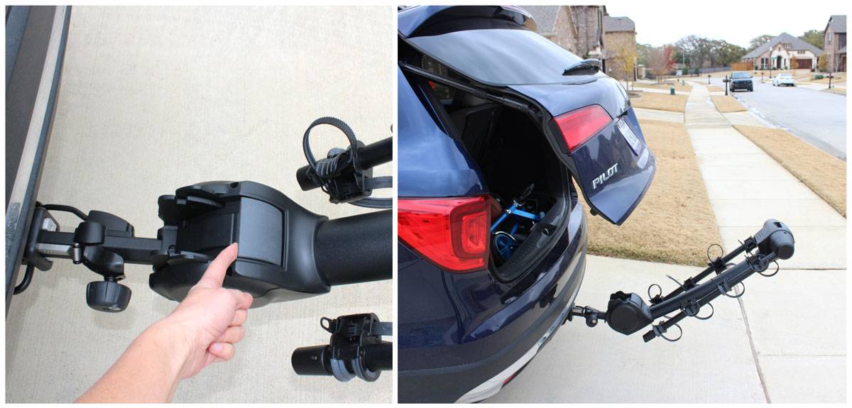 Tilt away feature on Thule Apex XT rack easily tilts rack forward to allow for rear hatch access