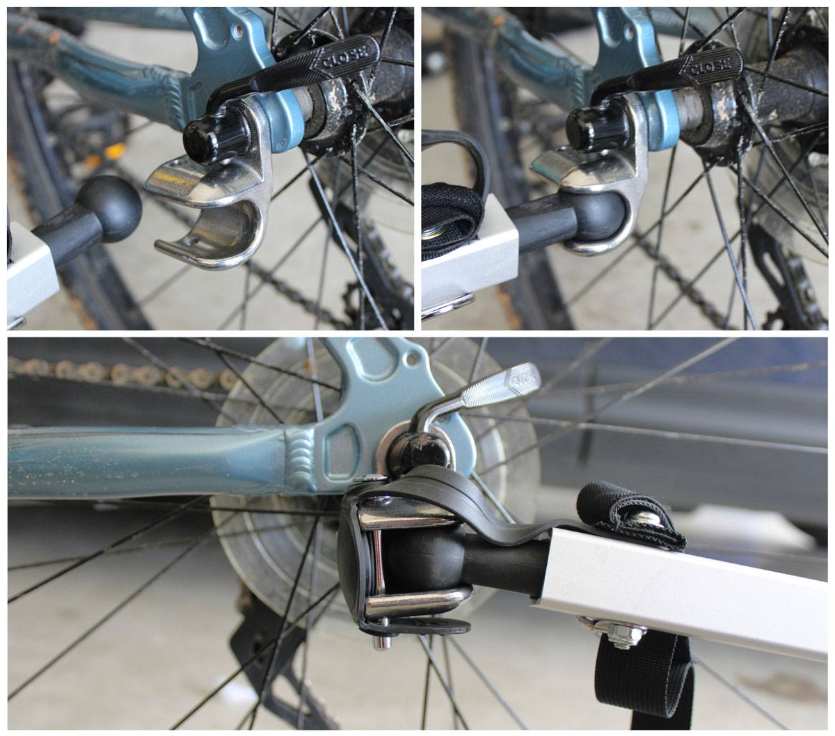 Round socket hitch of Thule Cadence attached to rear axle of adult bike