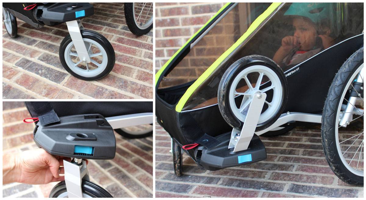 Thule Chariot Cheetah XT single bike trailer stroller wheels attached, and then stored upside down on the trailer