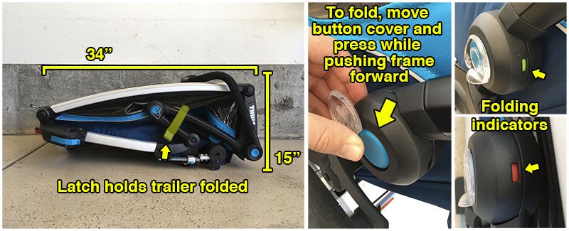 Latch holds folded on the thule chariot cross. To fold the trailer, you press a button while pushing the frame of the trailer forward.