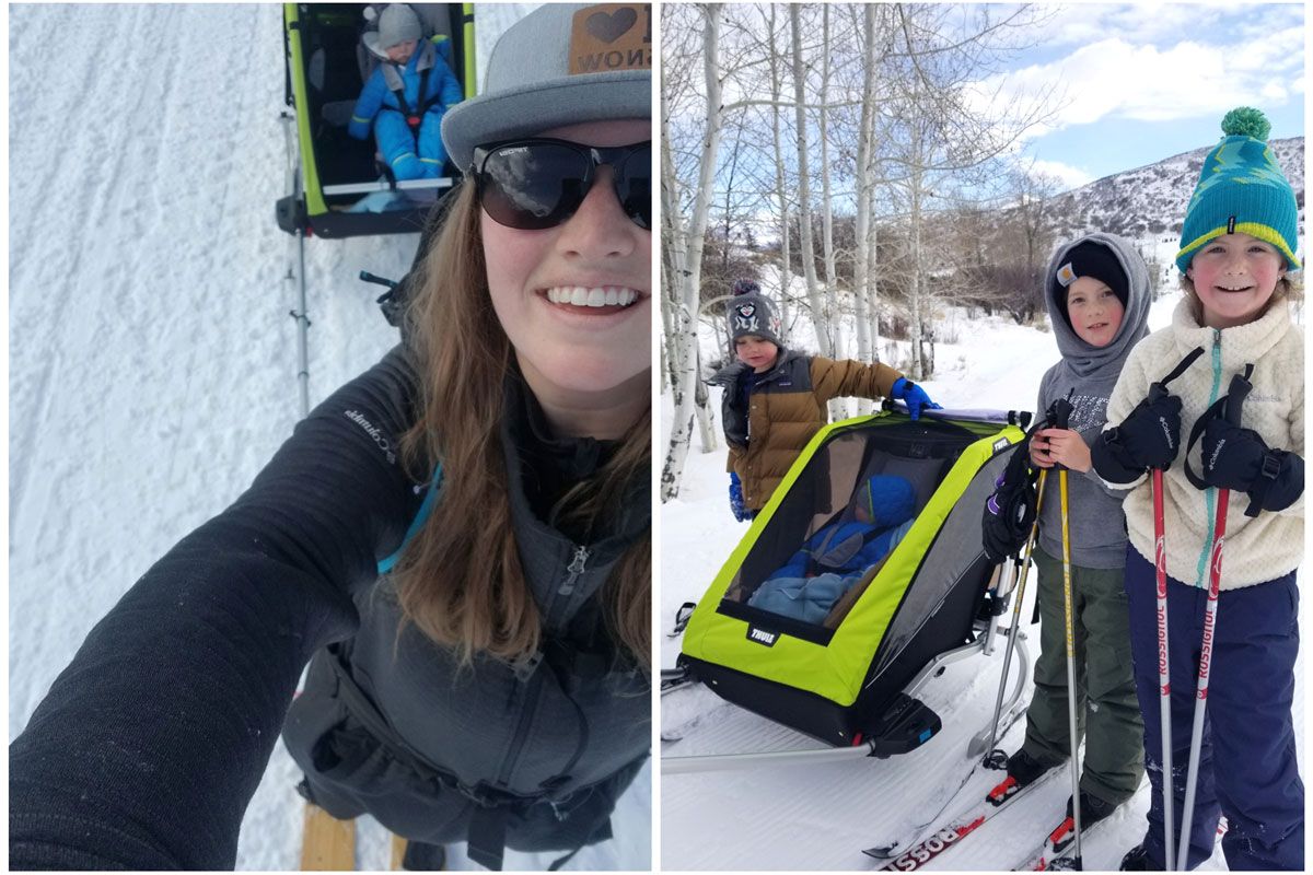 Fun action shots of mom and kids cross-country skiing with baby brother.
