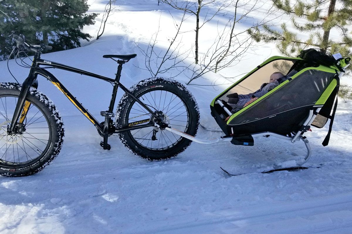 Fat bike attached to Thule Chariot trailer using Thule Chariot Ski Kit.
