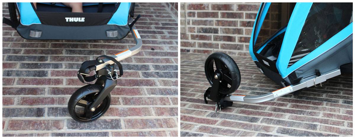 Thule Coaster XT bike trailer stroller wheel in place, and then flipped and stored.