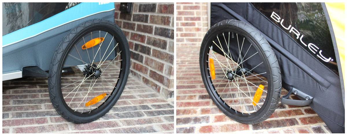 Thule Coaster XT bike trailer wheel with wheel guard vs Burley Bee