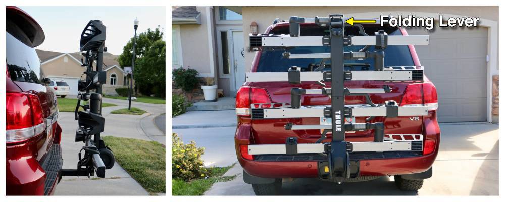 Profile of Thule T2 Pro bike rack installed on the back of a Land Cruiser from side and back. It covers the entire back window folded up.