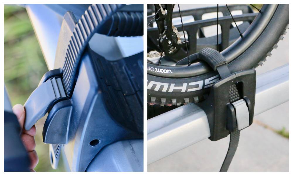 Ratcheting strap and tab on Thule T2 Pro XTR car bike rack