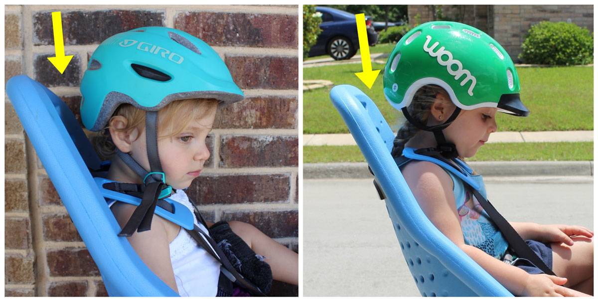 Thule Yepp Maxi child bike seat angles back to allow for room for the back of a child's helmet