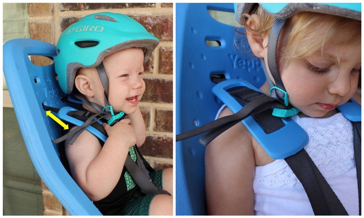 Comparison of shoulder strap height of the Thule Yepp Maxi on 2 different kids in the Thule Yepp Maxi child bike seat