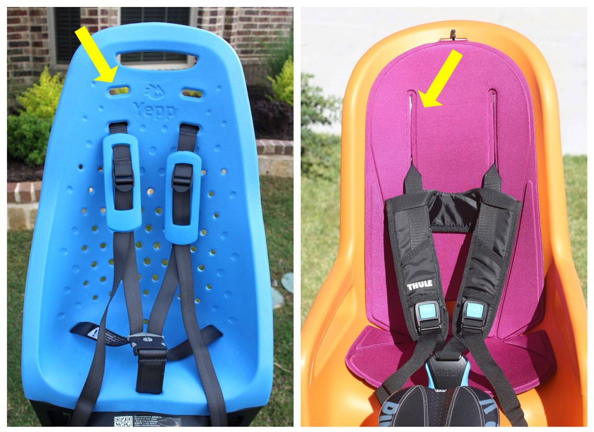 Thule Yepp Maxi child bike seat has just 2 shoulder strap height adjustment slots, while the Thule RideAlong is continuously adjustable