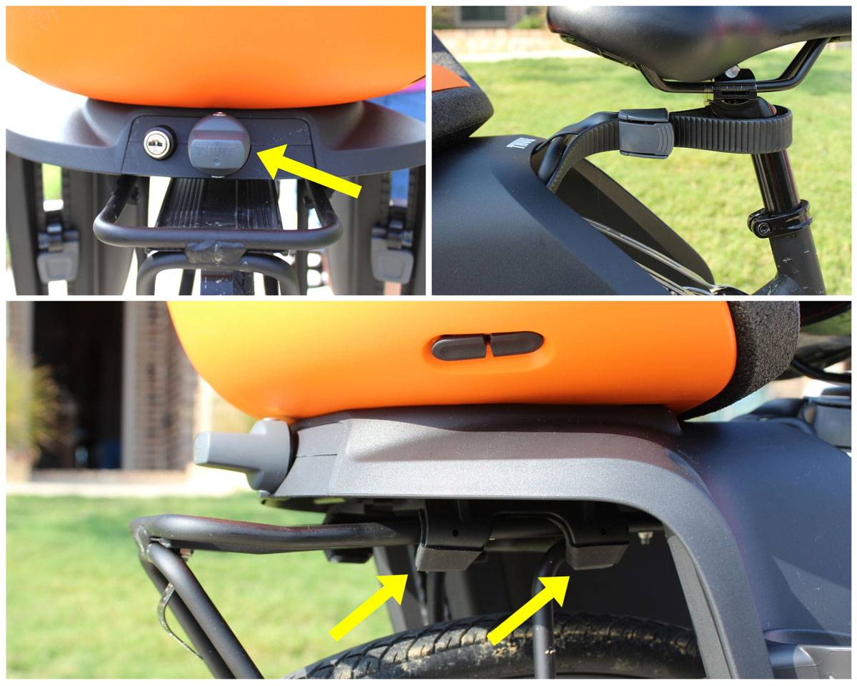 Collage showing how the Thule Yepp Nexxt Maxi rack mount clamps onto the bike's rear rack