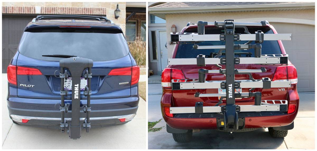 Side by side comparison of Thule Hanging Rack and platform rack from the rear of the car. The hanging rack is very small and can't be seen through the rear window. The platform rack covers the entire rear window.