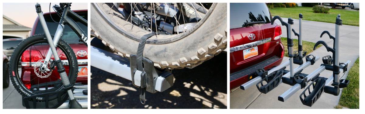 Thule T2 Pro xtr bike rack installed on the back of a Land Cruiser, showing wheel ties and shepherd's hooks