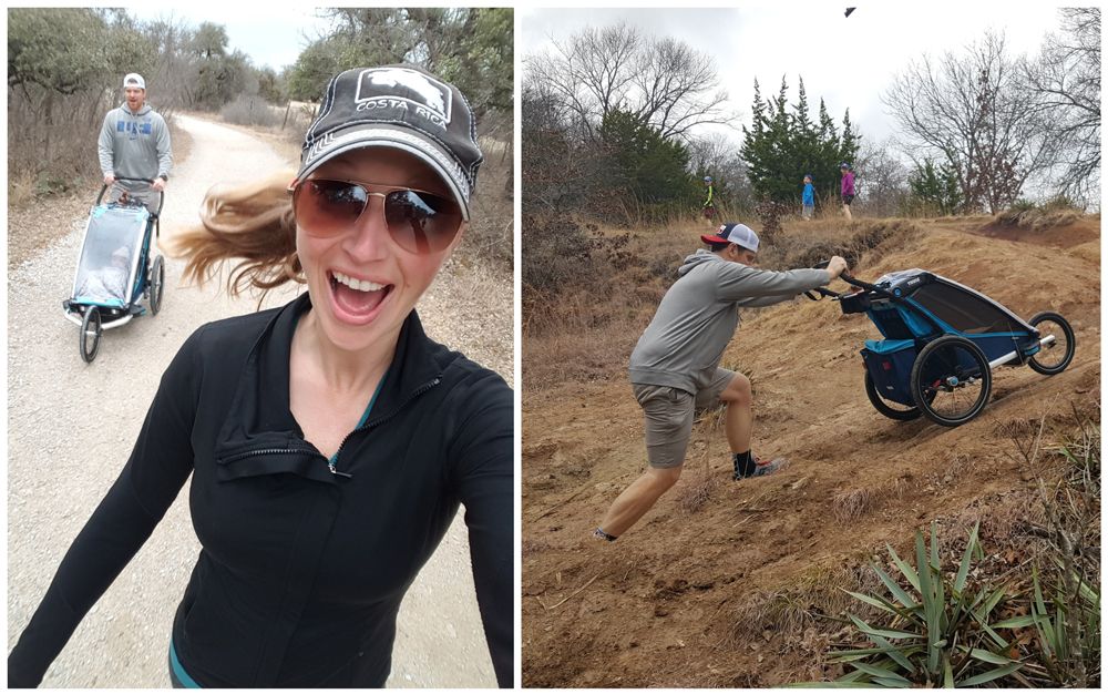 Dad pushing baby on dirt trail in Thule Cross with Thule Infant Sling