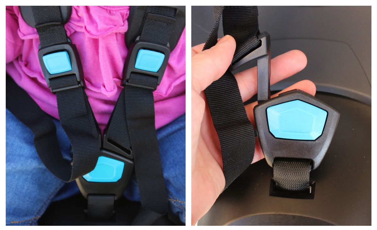 Buckle of Thule RideAlong Lite - buckled and unbuckled.