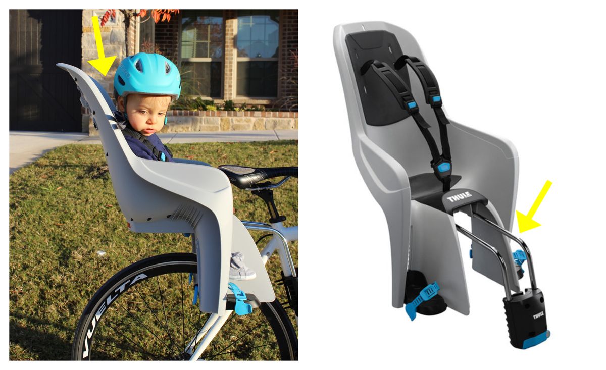 Sideshot of baby in Thule RideAlong Lite. The seat back curves back at an angle to leave room for a child's helmet.