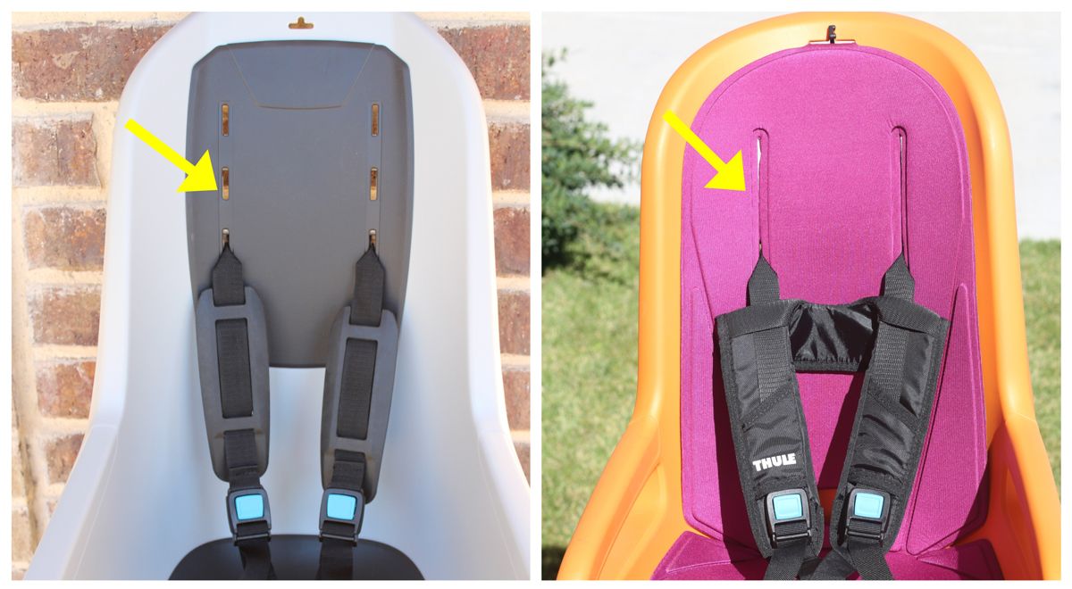 Seat back of Thule RideAlong Lite showing 3 spaces for shoulder strap height adjustment. Seat back of Thule RideAlong showing continuous slide for shoulder strap height adjustment.