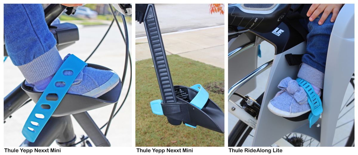 The footstrap of the Thule Yepp Nexxt Mini secured across a baby's foot, the adjustable height footrest of the Thule Yepp Nexxt Mini, and the foot strap of the Thule RideAlong Lite strapped across a baby's foot.
