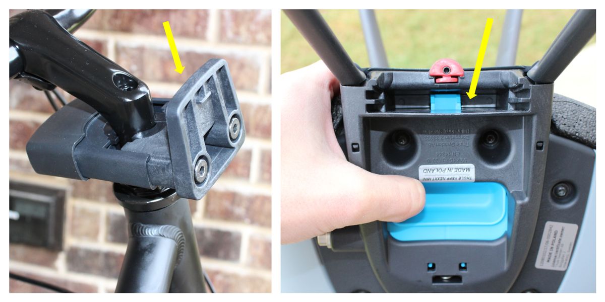 Quick release mounting bracket on Thule Yepp Nexxt Mini requires you to simply press on blue lever on bottom of seat.