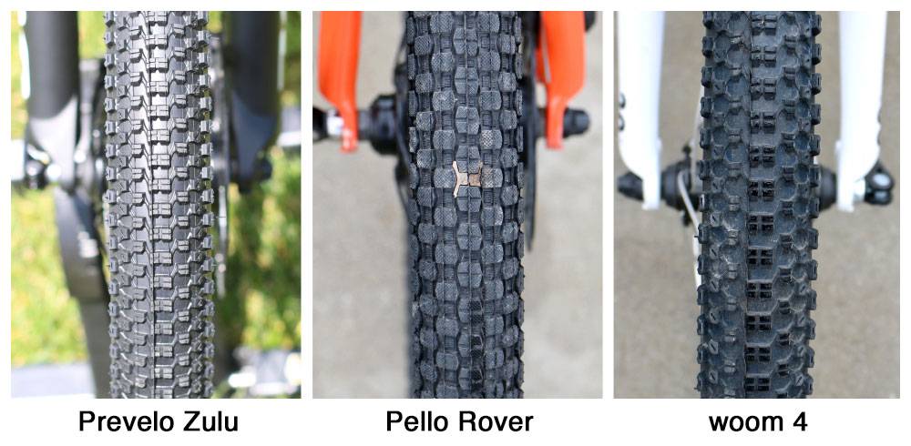 Side by side comparison of tire tread of Prevelo Zulu, Pello Rover, woom 4
