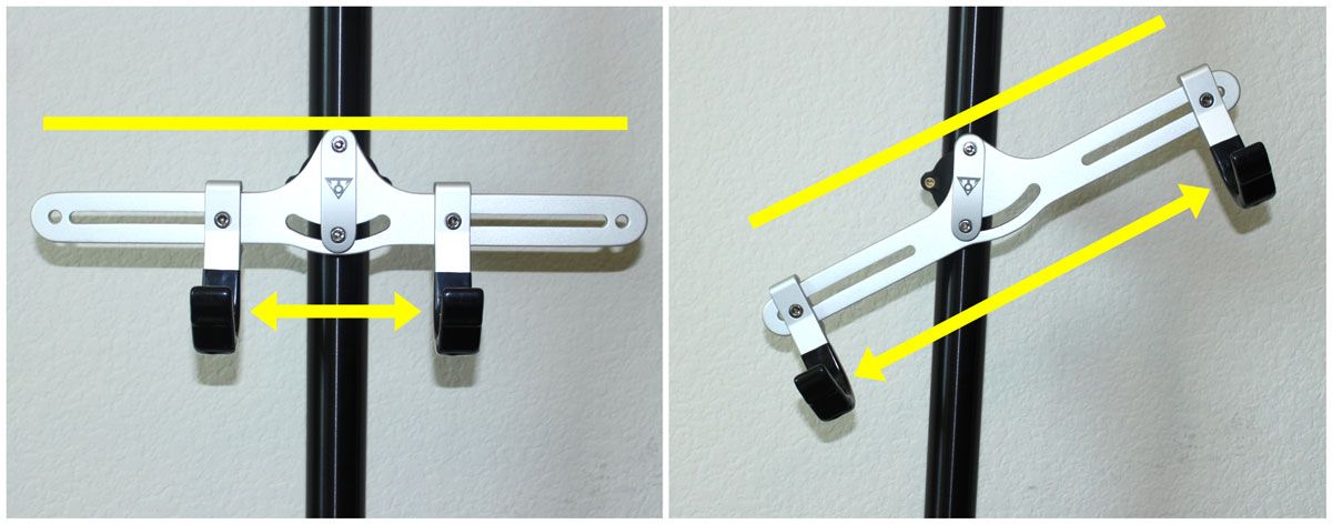 Topeak Dual Touch Bike stand bike hanger units. Shows one flat with hooks narrow, the other angles 30 degrees and hooks extended out wide