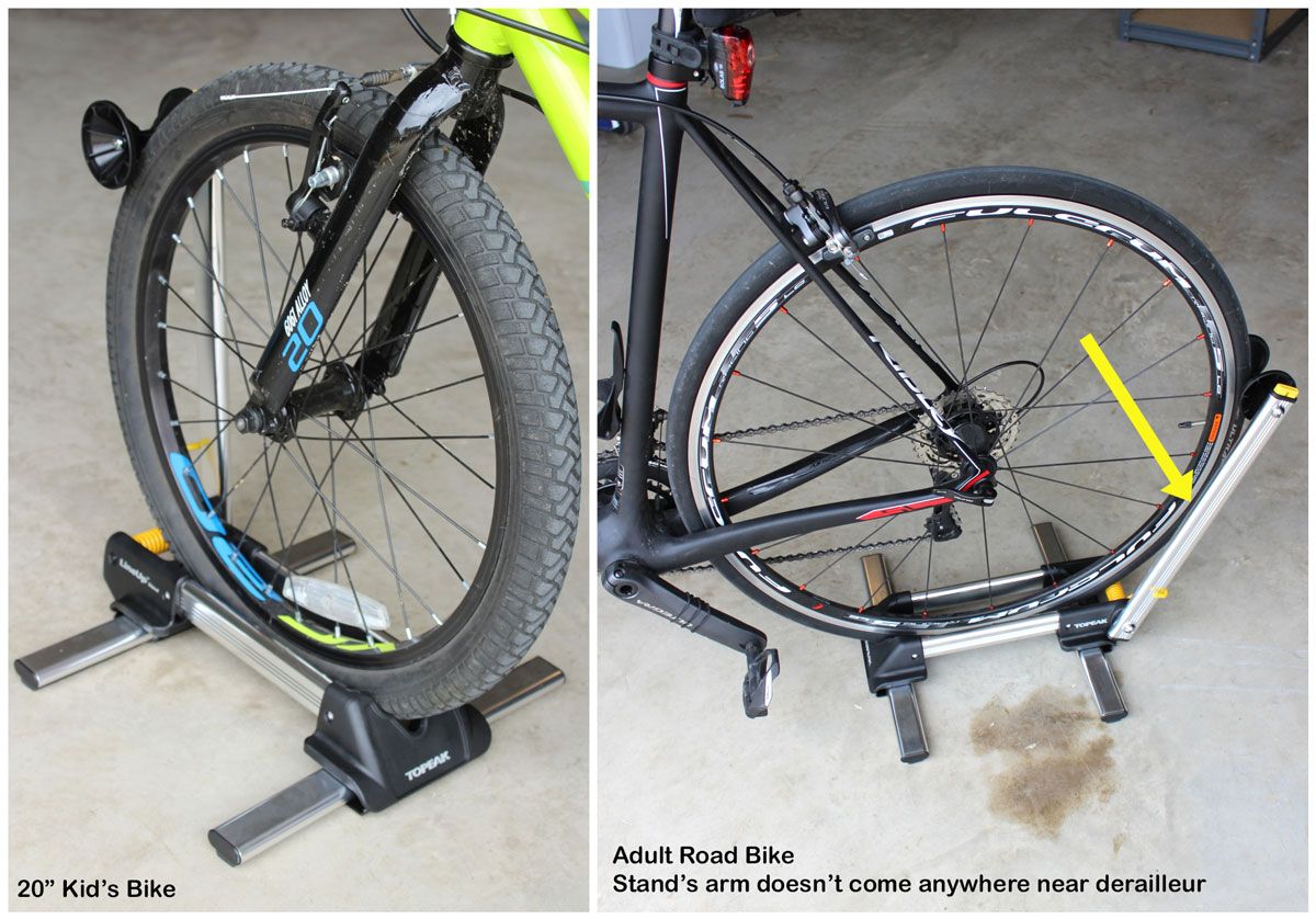 Topeak LineUp stand with a 20" kids bike and an adult road bike. Shows that stabilizing arm doesn't come anywhere near the road bikes derailleur