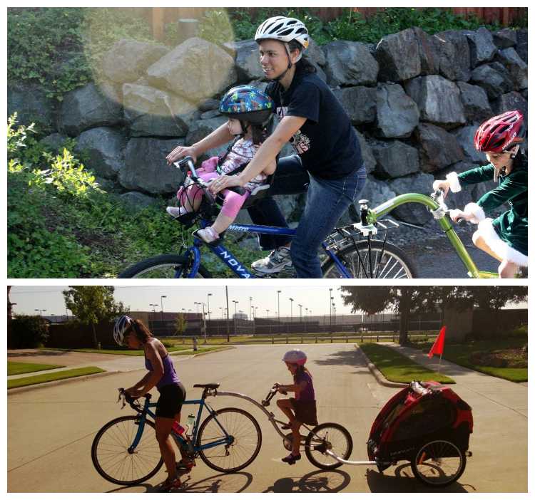 1. Mom riding with child on a trailer cycle in the rear and smaller child in child bike seat in the front. 2. Mom riding with older child on trailer cycle in rear, connected to a smaller sibling in a bike trailer behind.
