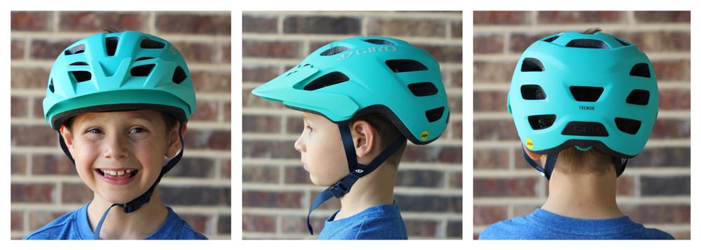 Boy wearing Giro Tremor kid's helmet. Shots from front, side and back to show coverage.