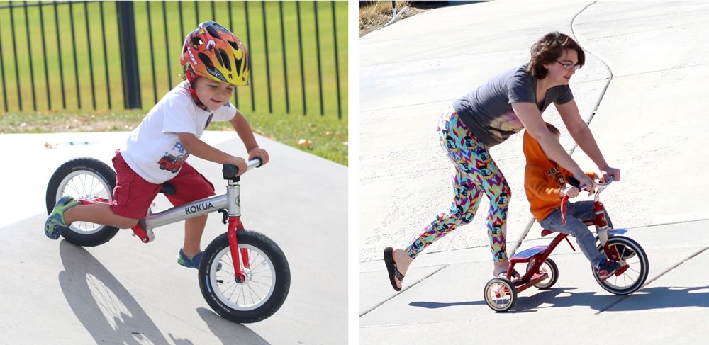 Toddler riding a balance bike, different toddler riding a tricycle with his mom's help