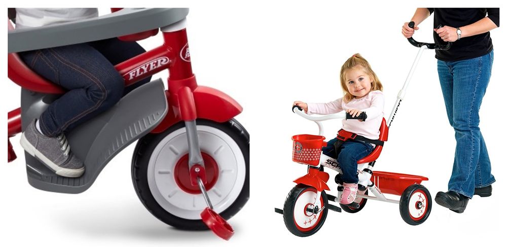 Tricycle footrests from Radio Flyer and Schwinn tricycle with push bar for parent.