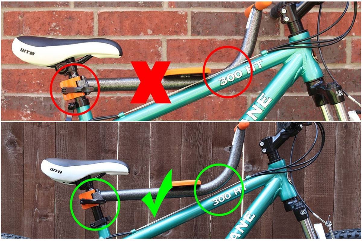 Correct mount of Tyke Toter versus incorrect mount of tyke toter on small framed bikes.