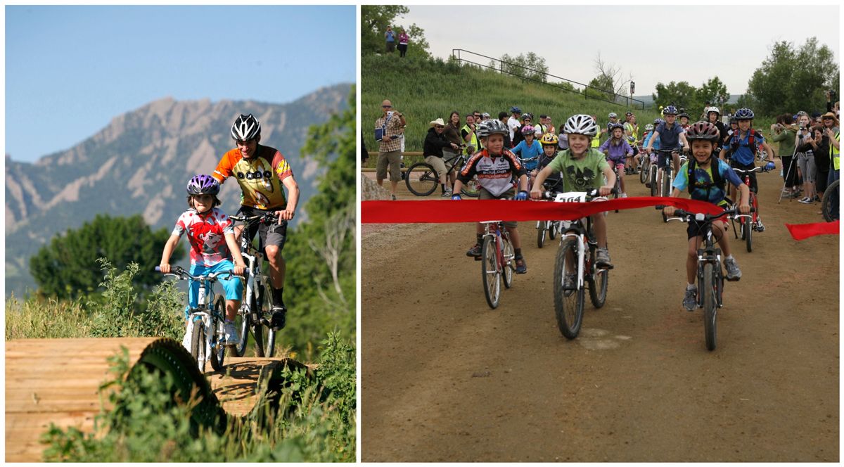 Valmont Bike Park in Boulder, CO - dad riding over wooden bridge with daughter, a child breaking through the red ribbon of a race