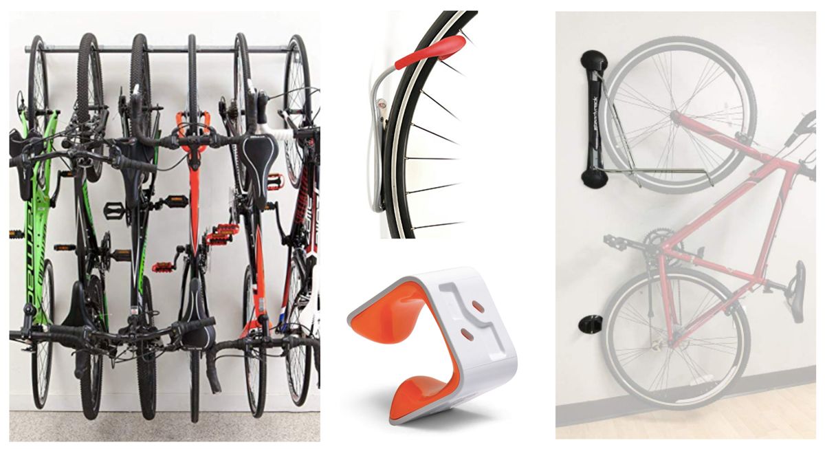 Collage showing different types of vertical bike rack storage - SteadyRack, Delta Leonardo Hook, Hornug, and MonkeyBars track system