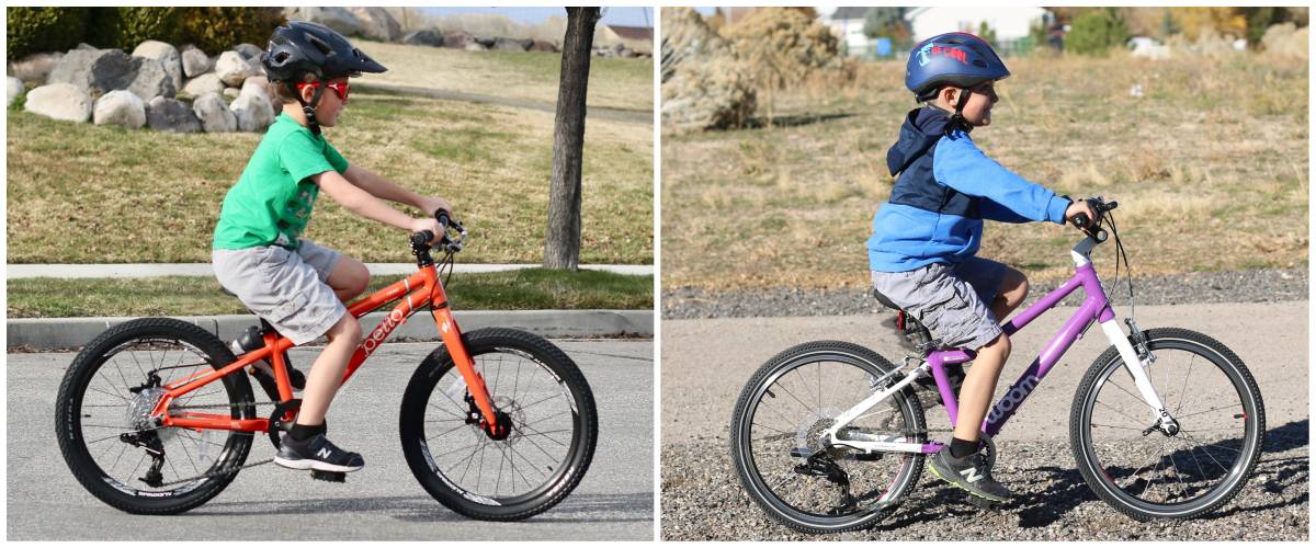 Side by side comparison of 7-year-old riding Pello Rover 20" kid' bike and woom 4 20" kid's bike